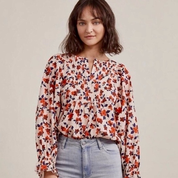 Elizabeth and James XL Floral Print Pintuck Blouse Cotton Long Sleeve Boho Top - Picture 1 of 16